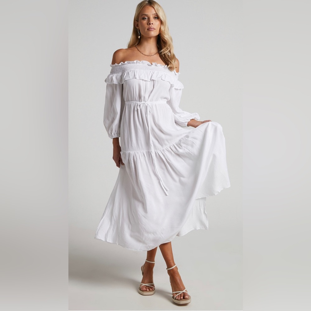 NWT MILLANIA MIDI DRESS - OFF SHOULDER LONG SLEEVE TIERED DRESS IN WHITE